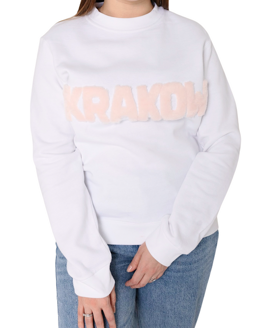 White KRAKOW Sweatshirt with Fur Lettering