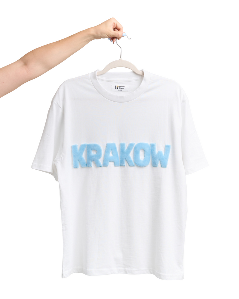 T-Shirt KRAKOW with Handcrafted Fur Lettering — Sky Blue