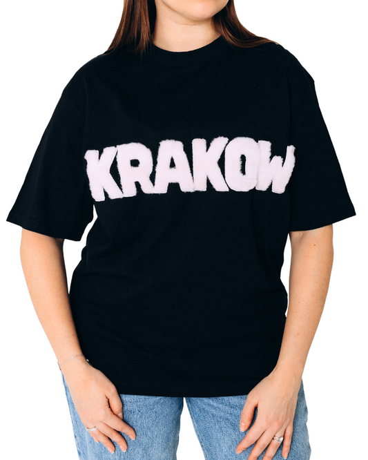 Czarna koszulka KRAKOW z futrzanym napisem